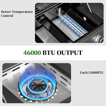 ROVSUN 3-Burner Propane Gas BBQ Grill with Side Burner & Enameled Cast Iron Grates, 46,000 BTU Barbecue Grill with Wheels for Outdoor Patio Backyard Cooking Grilling, Black