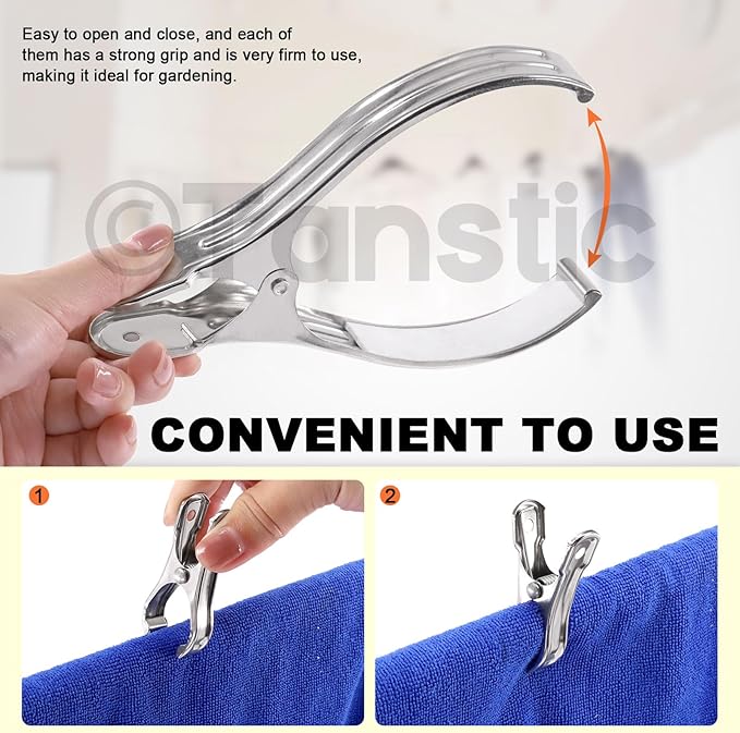 Tanstic 10pcs 6.3 Inch Stainless Steel Greenhouse Clamps Heavy Duty Garden Clips with Strong Grip and Large Open Mouth for Netting Holding