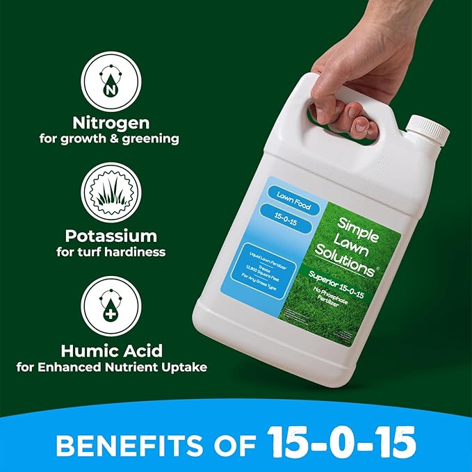Superior 15-0-15 Liquid Lawn Fertilizer - Lawn Food for Growth & Green - Nitrogen, Potassium, Humic, Fish & Seaweed - Any Grass Type- Simple Lawn Solutions - All Season- Concentrate (1 Gallon)