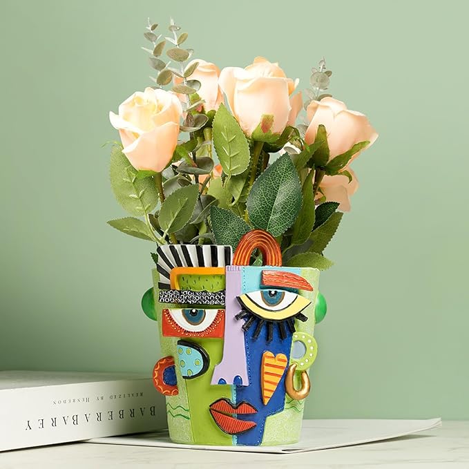 Picasso Abstract Face Flower Pot Colorful Art Flower Vase with Facial Expressions Unique Head Planter for Indoor Outdoor Cute Plant Decor (Small)