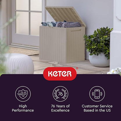 Keter City 30 Gallon Resin Outdoor Storage Box and Patio Furniture Side Table for Pool and Garden Accessories, Beige