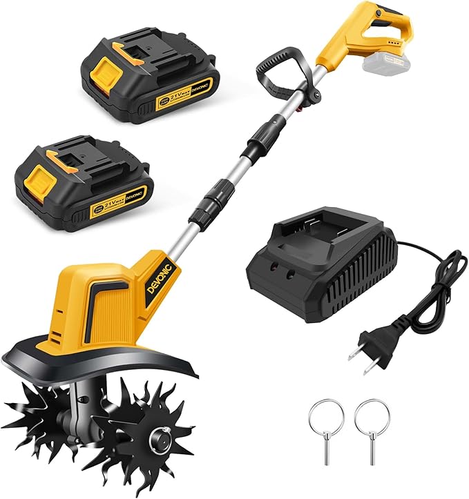 DEVONIC Cordless Electric Garden Tiller,21V 330RPM Tiller Cultivator 8" Tilling Width and 6" Depth Garden Rototiller with 2 * 2.0Ah Batteries for Lawn/Gardening (Cordless Tiller+2 Batteries)