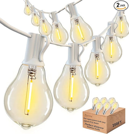 DAMAING Outdoor String Lights 200FT(2x100FT) Waterproof Patio Lights with 105 Plastic Dimmable LED Edison Bulbs,Connectable Outdoor Lighting for Backyard,Garden and Wedding Outside, 2200K White Cord