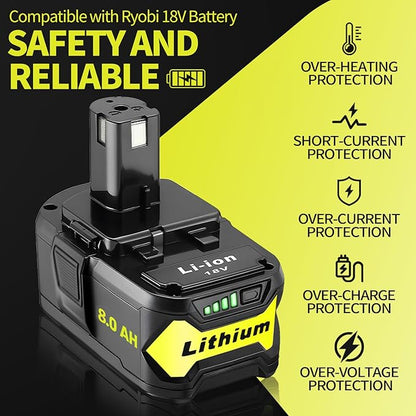 1 Pack 8.0Ah High Capacity Replacement for Ryobi 18v Battery P108 P104 P105 P102 P103 P122 P109 Li-ION Compatible with Ryobi 18V ONE+ System Cordless Power Tools and Charger