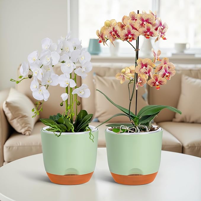 QCQHDU 2 Pack 7.2 Inch Orchid Pots with Holes for Repotting, Double-Layer and Self Watering Orchid Pot with Good Air Circulation