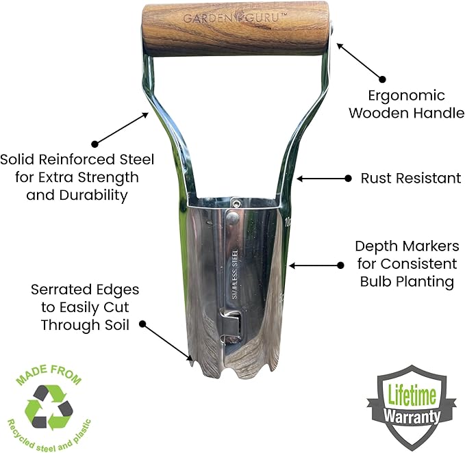 Garden Guru Eco Bulb Planter - 100% Recycled Stainless Steel - Rust Resistant - FSC Certified Wood Ergonomic Handle - Depth Marker for Consistent Planting Flowers Tulips, Dahlias - 1 Case (24 Pcs)