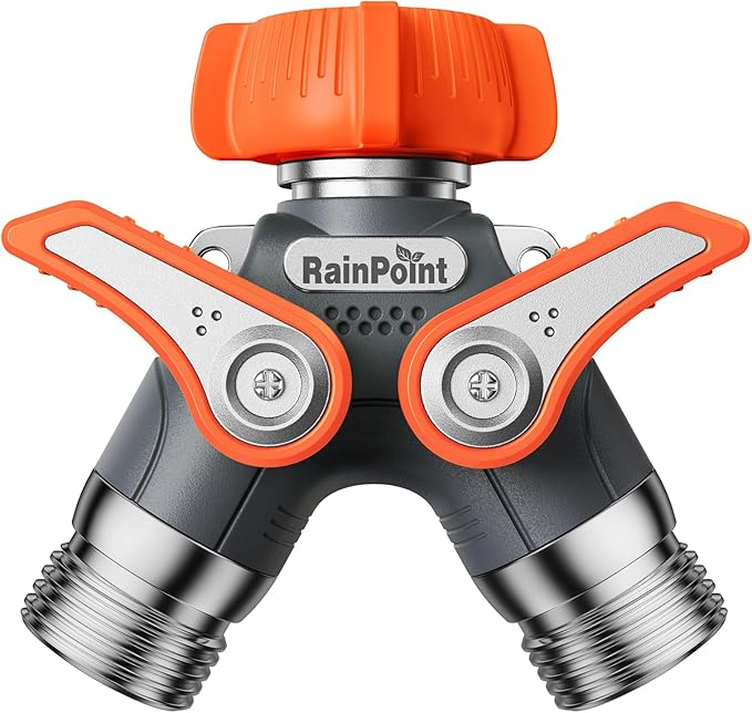 RAINPOINT Garden Hose Splitter, 2 Way Heavy Duty Water Hose Y Spigot Splitter with Shutoff Valves, 100% Metal Body Outdoor Faucet Splitter, 1.9" Extra Long Metal Handle, 3/4" GHT Thread (1, Orange)