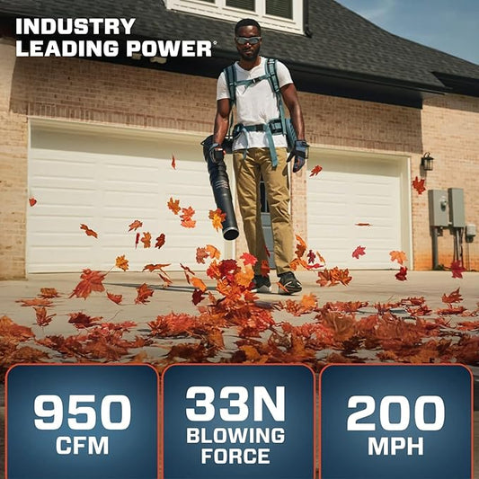 SENIX 60V Backpack Leaf Blower, 2400W Brushless Cordless Leaf Blowers, 950CFM / 140MPH, 4 Speed/Volume Mode, 2 X 6.0Ah Batteries and Dual Port Fast Charger for Yard, Garden