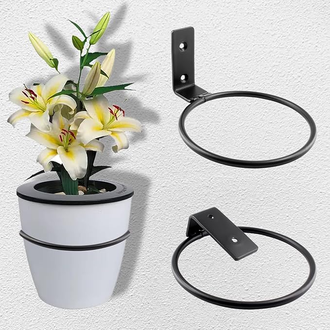 2-Pack 4 inch Flower Pot Holder Ring, Wall Mounted Metal Planter Hanger, Indoor Use, Matte Black, 40 lbs Capacity