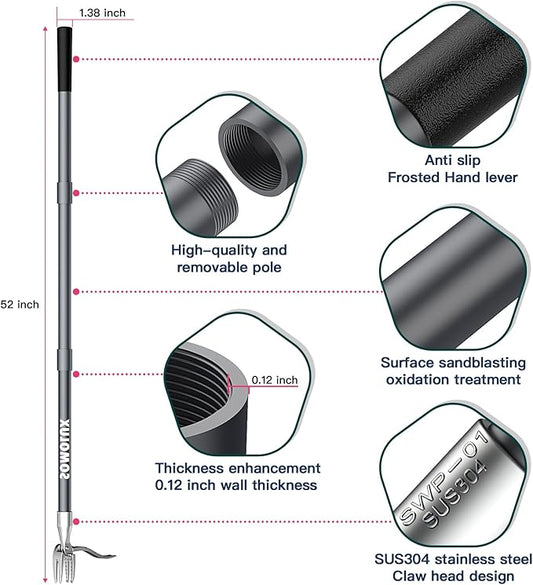 SOMOLUX 52'' Weed Puller Tool Stand-up Weeder with Metal Long Handle/Stainless Steel Claw, Gardening Manual Tool Weed Gripper/Picker/Remover No Bending/Kneeling to Remove Dandelion Form Lawn Patio