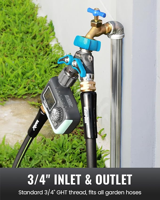 RAINPOINT Garden Hose Splitter, 2 Way Heavy Duty Water Hose Y Spigot Splitter with Shutoff Valves, 100% Metal Body Outdoor Faucet Splitter, 1.9" Extra Long Metal Handle, 3/4" GHT Thread (1, Blue)