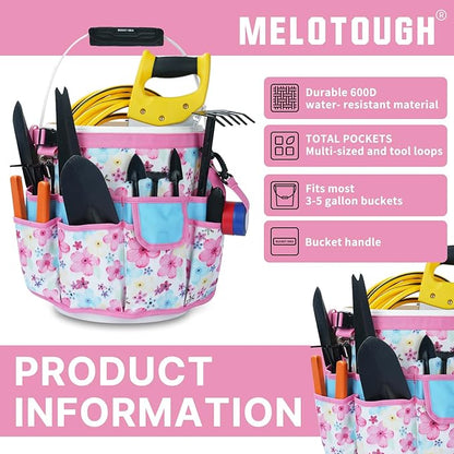 MELOTOUGH Bucket Caddy Organizer Bucket Tool Organizer for Garden Tools Fit 3.5 to 5 Gallon Bucket (Pink Flower)