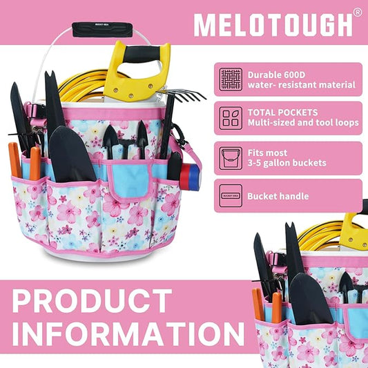 MELOTOUGH Bucket Caddy Organizer Bucket Tool Organizer for Garden Tools Fit 3.5 to 5 Gallon Bucket (Pink Flower)