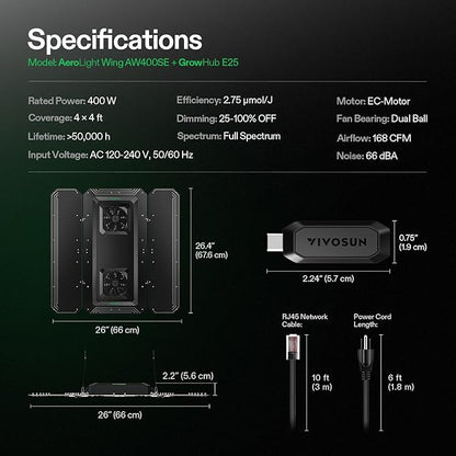 VIVOSUN AeroLight Wing AW400SE & GrowHub Controller E25, LED Grow Light 400W with Integrated Circulation Fan, Full Spectrum, Compatible with App & E42A, 4x4/5x5 Coverage