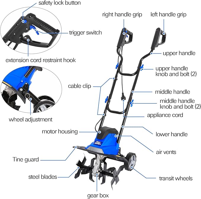 BILT HARD Electric Tiller Cultivator 14 inch, 10 Amp 4 Steel Tines Corded Tiller for Gardening with Foldable Handle, Portable Garden Rototiller with Adjustable Wheels
