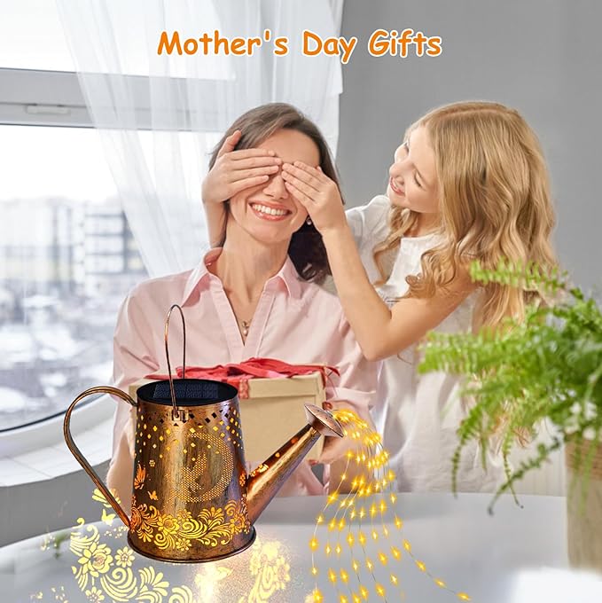 YJFWAL Solar Watering can with Lights, Unique Gifts for Christmas Mom Grandma Women Birthday, Waterproof Gardening Gifts Watering Can with Cascading Lights Outdoor Decor for Garden Patio Yard Pathway