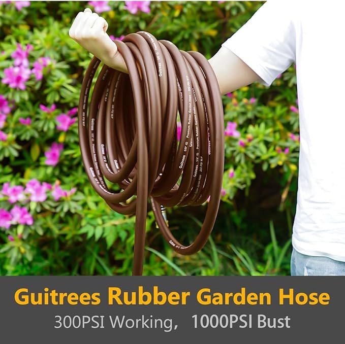 Garden Hose 50FT x 3/4", Heavy Duty Rubber Hose, Water Hose with Five Layered Braiding, Male to Female Fittings, 1000PSI Burst, 300PSI Working (Brown)