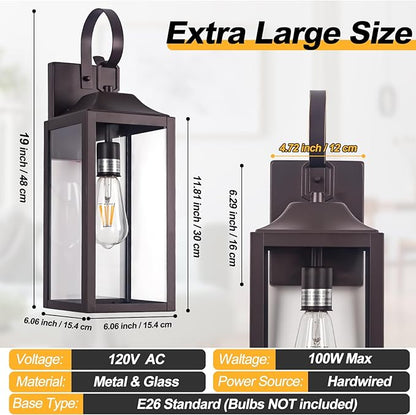 Large Bronze Outdoor Wall Lantern 19", Outside Farmhouse Wall Sconce Light Fixture Oil-Rubbed Bronze, Industrial Wall Mount Light Waterproof, Modern Porch Lighting Exterior Lamp for House