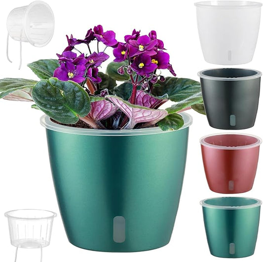 Self-Watering Pots for Indoor Plants, 4-Pack 6.7'' Self Watering Planter with Drainage Holes, Small African Violet Pots with Water Indicator, Orchid Pot, White/Grey/Blue/Rose Gold