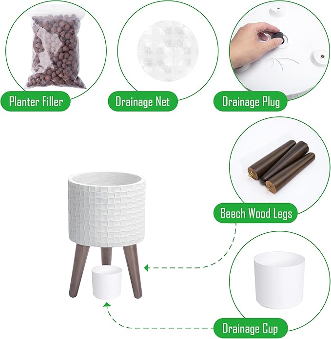 D'vine Dev 8 Inch Modern Geometric Tile Patterned Sleek Planter Pot with Stand, Indoor Outdoor Decorative Plant Holder, Matte White, 88-Z-A-1