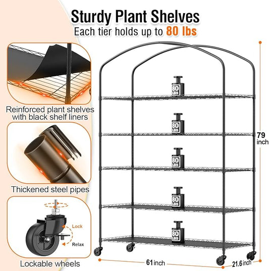 Plant Shelf Indoor Greenhouse with Grow Light & PVC Cover Portable Mini Greenhouse Cabinet with Shelves 5 Tier Metal Plant Stand with Grow Light for Indoor Plants, Seed Starting, 61"x21.6"x79"