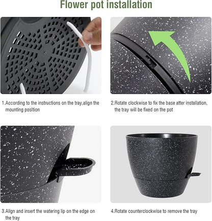 12 inch Large Self Watering Pots, Planter, Plant Pots with Mesh Drainage Holes for Indoor Outdoor House Plants and Garden, Plastic Flower Pots with Deep Reservoir, Speckled Black