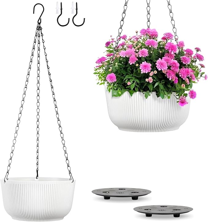 Set of 2 White 10 Inch Hanging Planters for Indoor Outdoor Plants, Self Watering Hanging Flower Pots with Drainage Hole & Plug