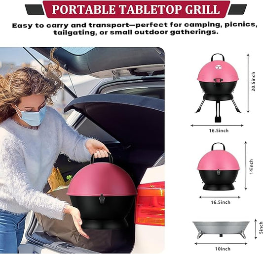 14inch Portable Charcoal Grill with Warming Rack, Small bbq Charcoal Grill Tabletop Foldable Grills for Backyard, Camping, Pink