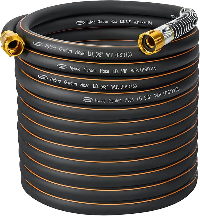 5/8 in. × 100ft. Flexible Hybrid Rubber Garden Hose, High Flow 5/8" I.D. No Memory Durable Lightweight Water Hose for Watering, Irrigation, Water Transfer Pump