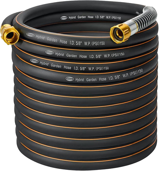 5/8 in. × 100ft. Flexible Hybrid Rubber Garden Hose, High Flow 5/8" I.D. No Memory Durable Lightweight Water Hose for Watering, Irrigation, Water Transfer Pump