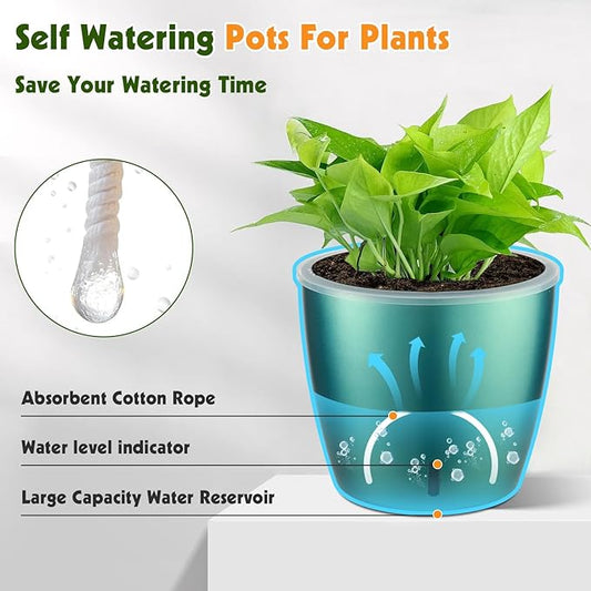 Self-Watering Pots for Indoor Plants, 4-Pack 6.7'' Self Watering Planter with Drainage Holes, Small African Violet Pots with Water Indicator, Orchid Pot, White/Grey/Blue/Rose Gold