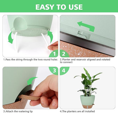 12" 10" 9" 8" Self Watering Pots with Water Level Indicator, Large Plastic Planters Set with Mesh Drainage Hole and Removable Saucer Reservoir, Big Flower Pot for Indoor Outdoor Plants (Green)