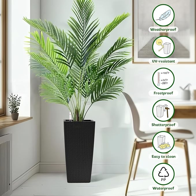 2 Pack Tall Planters for Indoor or Outdoor Plants, Self-Watering Pots with Drain Holes, 22-Inch High Faux Rattan Design Modern Tall Square Planter Box for Porch, Patio, Backyard (Pack of 2, Black)