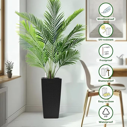 2 Pack Tall Planters for Indoor or Outdoor Plants, Self-Watering Pots with Drain Holes, 22-Inch High Faux Rattan Design Modern Tall Square Planter Box for Porch, Patio, Backyard (Pack of 2, Black)