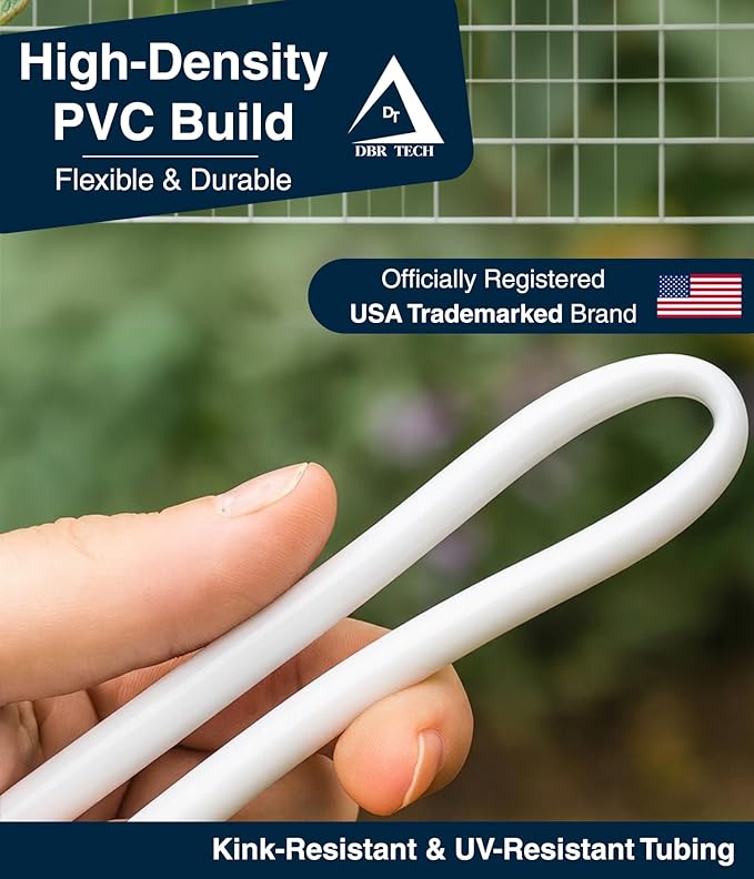 DBR Tech® 1/4 Drip Irrigation Tubing, 100 Feet, Flexible PVC Plastic Drip Irrigation Hose for Gardening, Misting, Hydroponics and DIY Landscape Garden Projects, Blank Distribution (100ft, White)