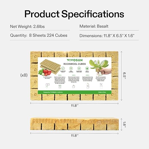 VIVOSUN 1.6 Inch Rockwool Cubes, Grow Cubes for Hydroponics, Cuttings, Cloning, Plant Propagation, Seed Startling, 8 Sheets 224 Plugs