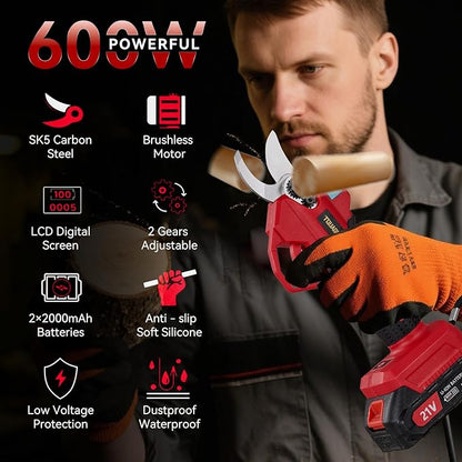 Upgraded Electric Pruning Shears,1.2" Cutting Diameter Cordless Power Pruner with LCD Display, Brushless Motor Pruning Shears with 2000mAh*2 Rechargeable Batteries for Garden Tree Pruner Branch