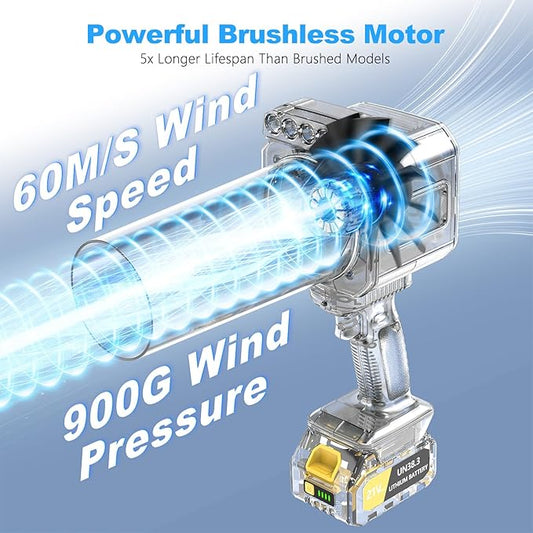 DEGGE Brushless Leaf Blower Cordless, Handheld Leaf Blowers with LED Work Light, Two Interchangeable Nozzles, Turbo Jet Blower for Lawn Care, Patio Cleaning, Garage Dust & Outdoor Use