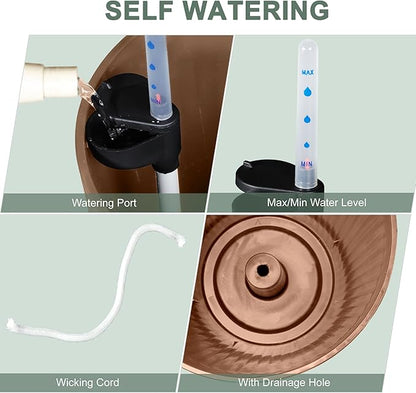 Set of 2 Large Planter Outdoor Self Watering Pots for Indoor Plants, 24" Tall Planters with Drainage Hole for Patio, Garden (Brown Ribbed)