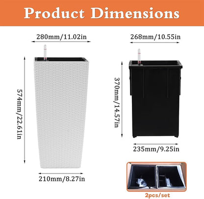 2 Pack Tall Planters for Indoor or Outdoor Plants, Self-Watering Pots with Drain Holes, 22-Inch High Faux Rattan Design Modern Tall Square Planter Box for Porch, Patio, Backyard (Pack of 2, White)
