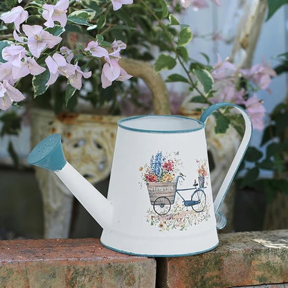 Small Watering Can for Indoor Plants Garden Metal Decorative Watering Can Outdoor Bonsai Balcony Courtyard Garden Flower Decorative, 1.5L, 50.7 Oz (White Blue)