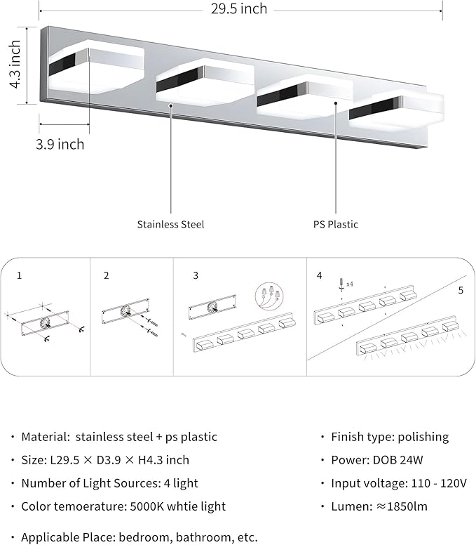 Bathroom Lighting Fixtures Over Mirror, 4 Light Bathroom Vanity Light Fixtures with Cool White 5000K, Silver LED Modern Vanity Wall Lights for Bath, Dressing Room, Restroom, 29.5 inch
