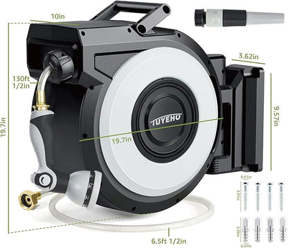Tuyeho Retractable Garden Hose Reel 130 FT, Wall Mount Heavy Duty Water Hose Reels with Automatic Slow Rewind System, Outdoor Hoses Reel with 2 Hose Nozzles for Garden Watering, Car Wash, Pet Shower