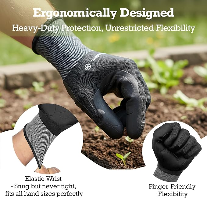 Thorn Proof Gardening Gloves for Women & Men (2 Pack) - 3X Anti-Slip Grip, Reinforced TPE Palm & Breathable Nylon - for Pruning Roses, Landscaping, Sharp Mulch (Black-2Pairs, Medium)