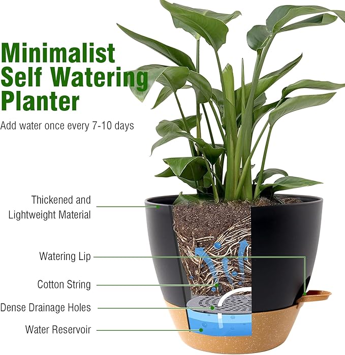 10 inch Self Watering Pots, 2 Pack Plastic Planters with Mesh Drainage Holes for Garden Plants and Flower, Plants Pots with Deep Reservoir for Indoor Outdoor Plants, Black with Brown