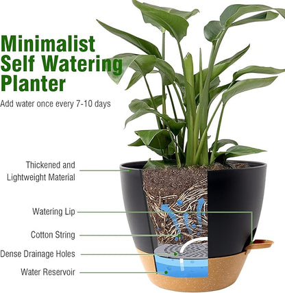 12 inch Large Self Watering Pots, Flower Plant Pots with Drainage Holes for Indoor Outdoor Garden Plants, Plastic Planters with Removable Deep Reservoir, Black with Brown