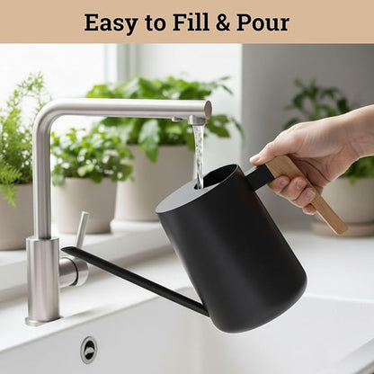 35 Ounce Metal Small Indoor Watering Can with Long Spout & Real Wood Handle for House Plants, Succulents, Cacti & Seedlings - Black Long Spout Watering Can Indoor Plants - Gentle Flow & No Spills