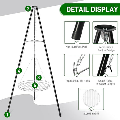 Outvita Campfire Tripod Grill, Adjustable Height BBQ Grill Grate Stainless Steel for Outdoor Camping BBQ, Black
