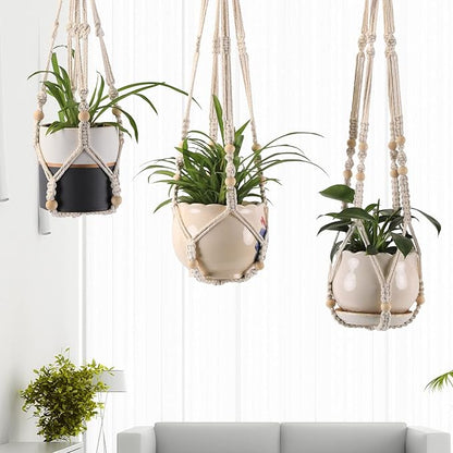 3-Pack Macrame Plant Hanger Indoor - Hanging Planter Basket for Indoor Outdoor - Decorative Boho Plant Holders Set with Beads - Ceiling Flower Pot Holder with 6 Hooks - 35"/30"/24" White