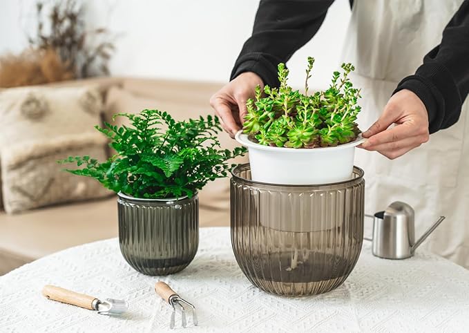 Melphoe 2 Pack Self Watering Hanging Planters Indoor Flower Pots, 5.3/8.3 Inch Outdoor Hanging Basket, Plant Hanger with 3Hooks Drainage Holes for Garden Home (Gray)